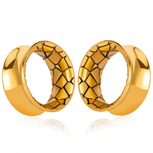 2 Pcs Ear Tunnels 0G to 5/8" 316 Surgical Stainless Steel Body Jewelry with Galaxy Fractal Design Double Flared Plugs for Stretched Ears Hypoallergenic Ear Gauges for Men & Women - color: Gold, size: 16mm(5/8")