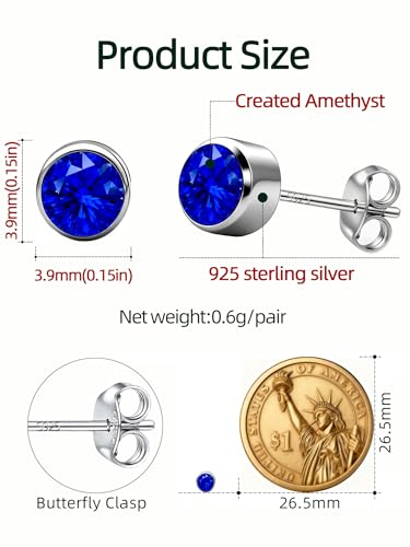 Neshat Tiny Birthstone Earrings for Women, 925 Sterling Silver Bezel Crystal Stud Earrings, 4mm Minimalist Sapphire/Amethyst/Aquamarine/Emerald Earrings Studs - style: 09. September-Created Blue Sapphire