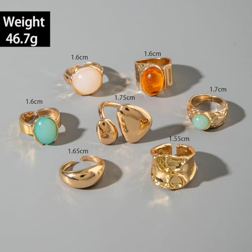 Chunky Gemstone Rings for Women Gold Silver Chunky Rings Set Adjustable Thick Statement Ring Trendy Fashion Silver Jewelry - style: BGold