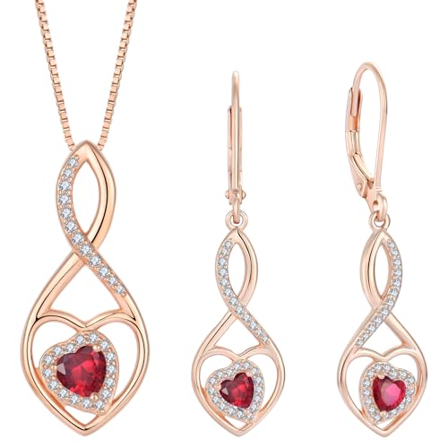 Infinity Heart Rose Gold Jewelry Set for Women 925 Sterling Silver Ruby Necklace and Earrings Set July Birthstone Jewelry Gifts