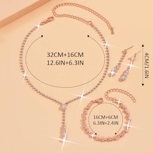 Bride Silver Bridal Necklace Earrings Set Crystal Wedding Jewelry Set Rhinestone Choker Necklace for Women and Brides - color: D Rose Gold