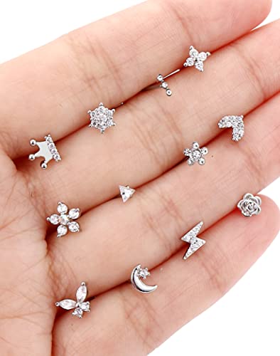 Akeoqi 12Pcs Nose Rings Stud L Shape Nose Rings Cubic Zirconia Butterfly Flower Eye Moon Crown Heart Lightning Shape Nose Studs Piercing Jewelry for Women Men Silver Gold Plated 20G - style: A:Crown