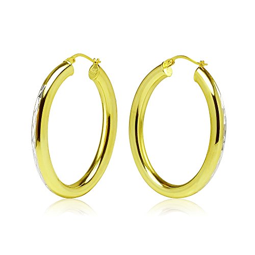Hoops & Loops 925 Sterling Silver 4.5mm Thick Oval Diamond-Cut Hoop Earrings, 25mm 30mm, Silver, Yellow Gold, Rose Gold & Black - color: Yellow Gold 30mm-1.2''