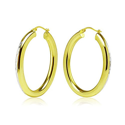 Hoops & Loops 925 Sterling Silver 4.5mm Thick Oval Diamond-Cut Hoop Earrings, 25mm 30mm, Silver, Yellow Gold, Rose Gold & Black - color: Yellow Gold 30mm-1.2''