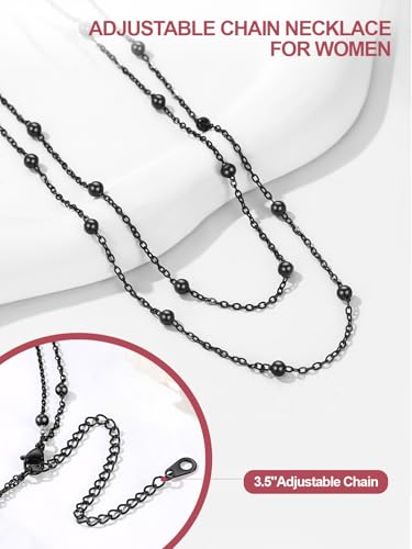 FOCALOOK Choker Necklace for Women, Double Layered Boho Beaded Choker Chain | Dainty 14K Gold Plated/Silver/Black Metal, Simple Small Satellite Beaded Chain Necklace, Hypoallergenic for Everyday Wear - color: 01.2-Layered Satellite Beads-Black