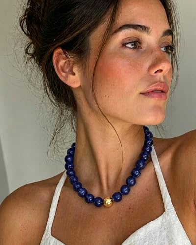 Chunky Beaded Necklace for Women Boho Statement Bead Necklace | Adjustable, Lightweight Choker, Round/Oval/Pebble Beads, Trendy Summer Beach Jewelry - color: Deep Blue