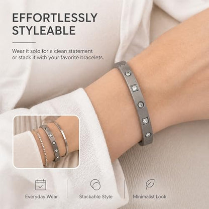 ZEZE++ Gold cuff bracelets for women - Mother of Pearl and Cubic Zirconia Bangle, High Polished Stainless Steel, Perfect for Wedding, Party, and Gift for Her - color: Titanium steel