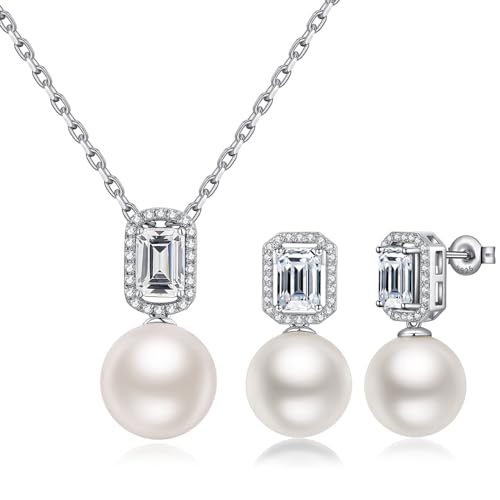 925 Sterling Silver Pearl Jewelry Set for Women, Glossy Simulated Pearl Earrings and Necklace Jewelry Set for Birthday,Wedding,Anniversary Chain 18inch, Jewelry Gift for Women