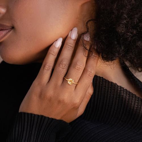 Birth Flower Stacking Ring for Women | 14K Gold Plated Brass, 12 Engraved Floral Motifs, Slim Stack-Ready Band, Available in US Sizes 5-9 - style: Feb.-Violet
