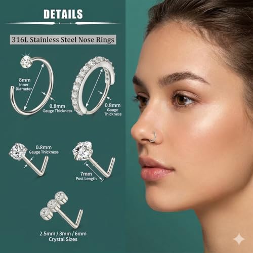 20G Nose Rings Hoops And Studs For Women Men, 12PCS Hypoallergenic Stainless Steel Nose Hoops Dainty Non Tarnish Nose Hoop Set, L Shaped CZ Nose Stud Piercing Jewelry Gold/Sliver - color: 20G-Sliver