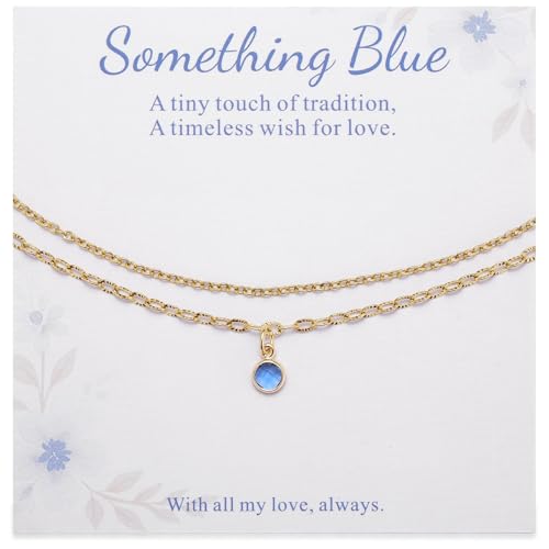 MIXJOY Something Blue Gift for Bride - Gold Double-Layer Wrist Chain Anklet with Blue CZ, Minimalist Round Gem Anklet for Bridal Shower, Bachelorette Party, Summer Beach Engagement Jewelry for Brides
