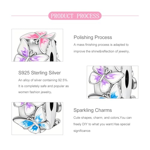 925 Sterling Silver Openable Clip Spacer Bead Fits Pandora Bracelet | Hypoallergenic Clip Stopper Charm, Star Clover Butterfly Floral Mom Heart Paved Zircon Gift for DIY Charm Bracelet Jewelry - color: Gradient Butterfly