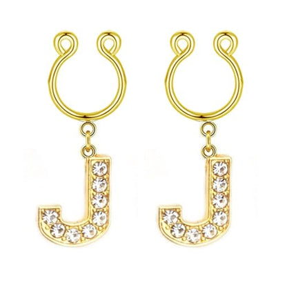 2Pcs Fake Nipple Rings Name Initial Letter Nipple Clamps for Women Non Piercing Beginner Cubic Zirconia Non Piercing Nipple Jewelry - color: J