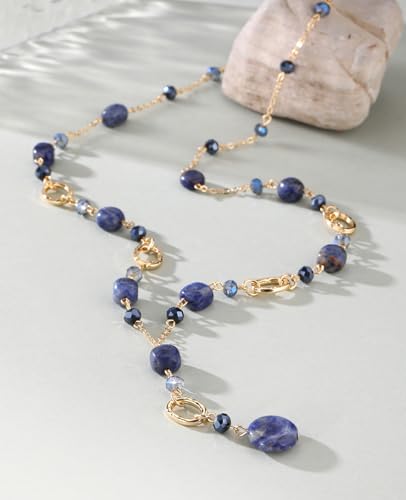 FULU AUTUMN Long Gold Beaded Necklaces for Women Natural Stone Bead Statement Pendant Necklace Y Sweater Chain Fashion Jewelry Gifts - color: Blue