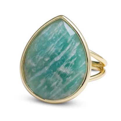 Crystal Ring for Women, Natural Rose Quartz Green Fluorite Ring for Her, Teardrop Shape Gemstone Ring, Handmade rose quartz Jewelry Adjustable Ring. - color: Amazonite