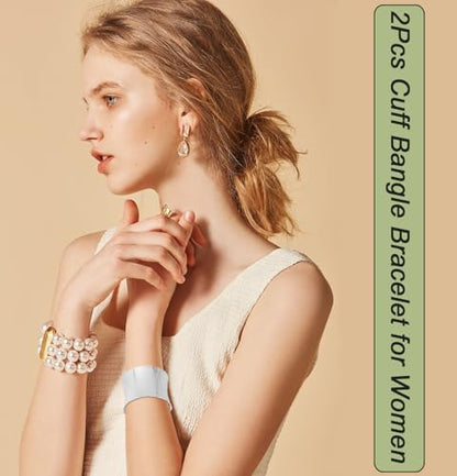 2Pcs Cuff Bangle Bracelet for Women Open Wide Wire Bracelets Gold Wrist Cuff Wrap Bracelet Adjustable - color: Silver3