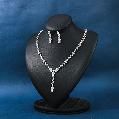 Bridal Wedding Jewelry CZ Set Marquise Teardrop Cubic Zirconia Pendant Necklace and Dangle Earring Bracelet Sets for Women - color: White Gold - 01