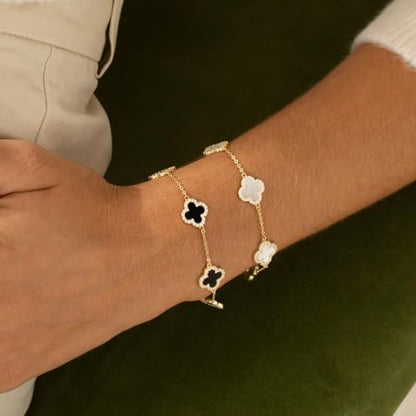 925 Sterling Silver Four Leaf Clover Bracelet – Real Silver Lucky Clover Jewelry for Women, Dainty Good Luck Gift for Her - color: Gold – White + Black Set