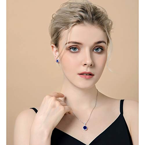 AMYJANE Halo Crystal Jewelry Set - Sterling Silver Round Cubic Zirconia Crystal Bridal Pendant Necklace Earrings Set for Wedding Bride Bridesmaids - color: Sapphire