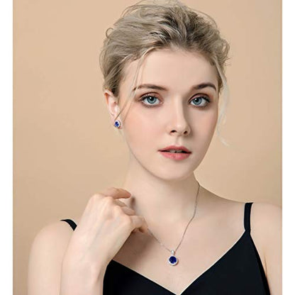 AMYJANE Halo Crystal Jewelry Set - Sterling Silver Round Cubic Zirconia Crystal Bridal Pendant Necklace Earrings Set for Wedding Bride Bridesmaids - color: Sapphire