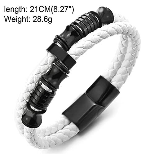 COOLSTEELANDBEYOND Mens Double-Row Braided Leather Bracelet Bangle Wristband with Black Stainless Steel Ornaments - color: M-White