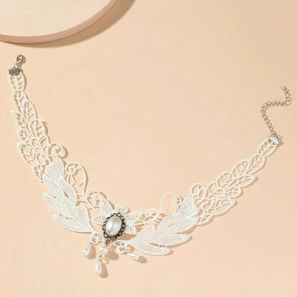 Gothic Lace Choker Necklace for Women, Pearl Sexy Tassel Adjustable Choker Necklace, Boho Halloween Jewelry for Festival Party Cosplay Costume Gifts - color: white Pearl Pendant