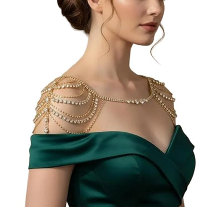 Sexy Multi-layered Rhinestone Tassel Shoulder Chain Jewelry Gold Crystal Body Chain Festival Rave Wedding Shoulder Jewelry for Women Festival Outfit