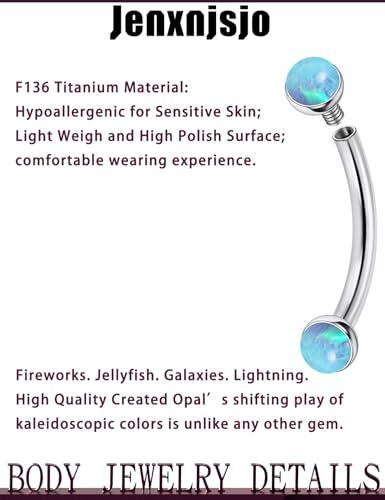 Jenxnjsjo F136 Titanium 16g 6/8/10mm Opal Eyebrow/Rook/Snug/Vertical-Labret/VCH/Snake-Eyes/Anti-Tragus/Christina/Daith/Belly-Button/Bridge/Hood/Surface Curved Barbell Piercing Jewelry for Women Men - color: Blue Opal, size: 10mm