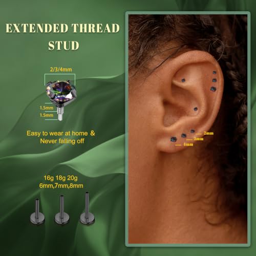 G23 Implant Grade Titanium Flat Back Earrings 16G/18G/20G | 3 Pairs Astm F136 Hypoallergenic Flatback Earrings Internally Threaded Studs for Nose, Helix, Tragus, Conch, Labret Piercing - color: Black, size: 16G(1.2MM) Bar-6/7/8mm & CZ-2/3/4mm
