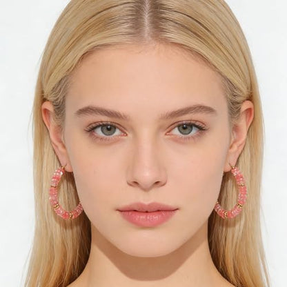 Wellike Beaded Hoop Earrings for Women Natural Stone Pink Gold Huggie Earrings Hypoallergenic Dainty Waterproof Trendy Jewelry - color: Rose Pink, size: 45mm