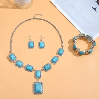 NEWITIN 4 Pieces Silver Bohemian Jewelry Set for Women Fashion Costume Jewels Turquoise Necklace Bracelet Earrings Western Turquoise Jewelry Set for Women - color: Turquoise A