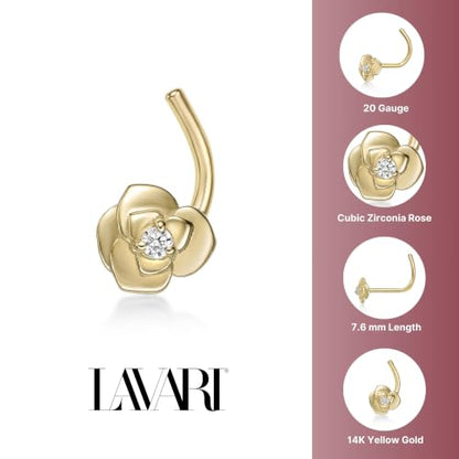 Lavari Jewelers 20 Gauge Curved Screw Nose Stud for Women - 14k Yellow Gold Cubic Zirconia Nose Ring for Her - CZ Unisex Hypoallergenic Nostril Piercing Jewelry - 20G Body Piercing for Men - style: Rose