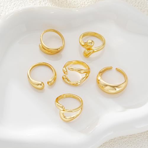 17 MILE Chunky Gold Stackable Rings for Women Non Tarnish, 18K Gold-Plated Statement Open Stacking Rings, Knuckle Band Ring Set - color: Gold 6 Pcs