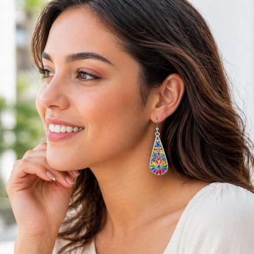 Bohemian Crystal Teardrop Dangle Earrings, Copper, Tribal Geometric Design, Handmade National Style for Women - color: Rainbow