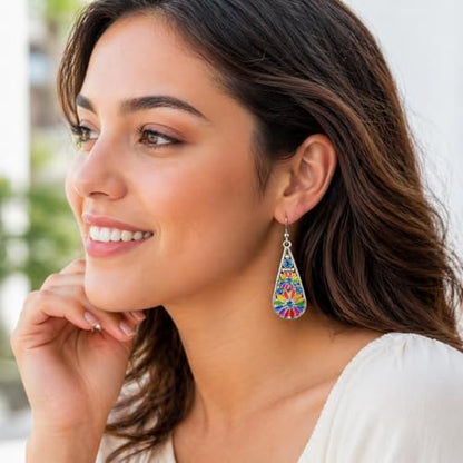 Bohemian Crystal Teardrop Dangle Earrings, Copper, Tribal Geometric Design, Handmade National Style for Women - color: Rainbow