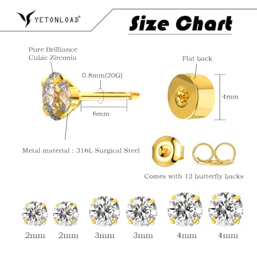 5-6 pairs Push-in Flat Back Stud Earrings Hypoallergenic Surgical Stainless Steel Cubic Zirconia Earrings Studs Set Multi-Pack, CZ Stud Earrings for Women Men Trendy Cartilage Stud Earrings 2-8mm - color: Gold-2/3/4mm(6pairs）