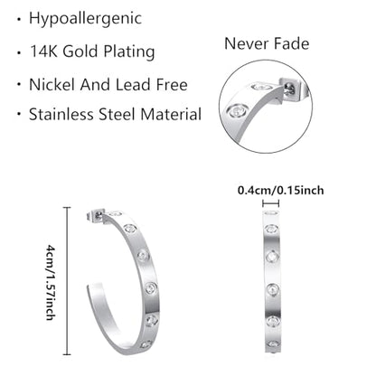 Love Friendship Hoop Earrings Set for Women 18K Gold and Silver Stainless Steel with Cubic Zirconia Stones Jewelry - style: One pair - Silver