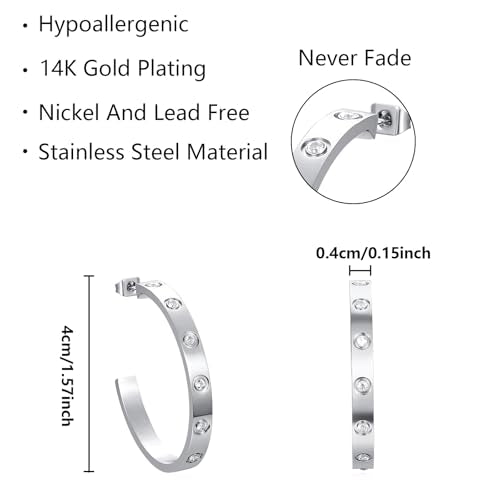 Love Friendship Hoop Earrings Set for Women 18K Gold and Silver Stainless Steel with Cubic Zirconia Stones Jewelry - style: One pair - Silver