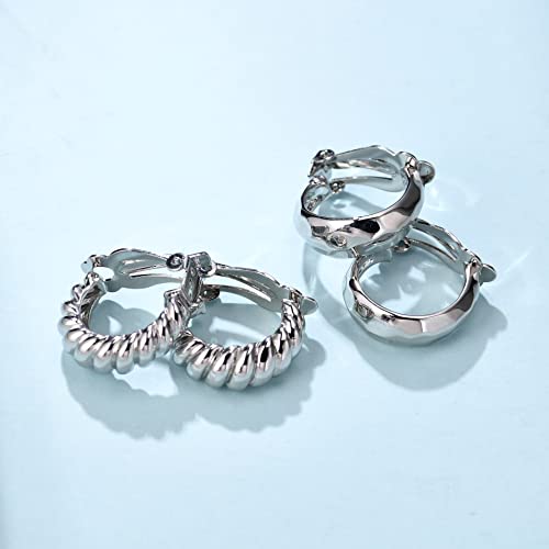 Clip on Earrings Women, 14K Gold Hoop Clip-On Earrings for Women, Hypoallergenic Non Pierced Croissant Earrings - color: White Gold Clip Hoops