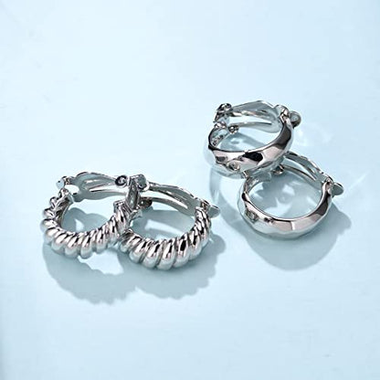 Clip on Earrings Women, 14K Gold Hoop Clip-On Earrings for Women, Hypoallergenic Non Pierced Croissant Earrings - color: Silver High Gloss Hoop
