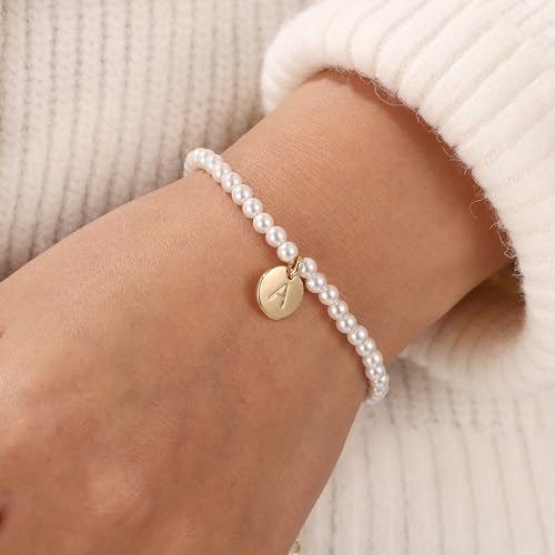Pearl Initial Bracelet for Women | Gifts for Kids Teen Girls, Dainty Letter Pearl Bracelets for Women, Bridesmaid Proposal Wedding Bride Bridal Shower Gift - color: B-Gold