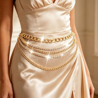Rhinestone Chain Belt Gold Sparkly Waist Chains Fashion Body Chain Jewelry for Women - color: Gold
