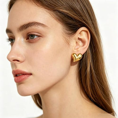Gold Statement Earrings For Women, 14K Gold Plated Textured Geometric Drop Earrings - Hypoallergenic Stainless Steel Statement Earrings for Women, Waterproof Fan-Shaped Dangle Earrings for Beach & Daily Wear - color: Heart DKE252103GL