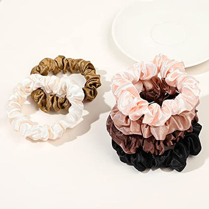 Satin Silk Hair Ties Small Mini Scrunchy for Women Cute Ponytail Holders Mini Bulk Scrunchies Elastic Hair Bands for Thick Curly Hair Pony Tails Hair Ties (12 Pcs) - color: Pink-brown