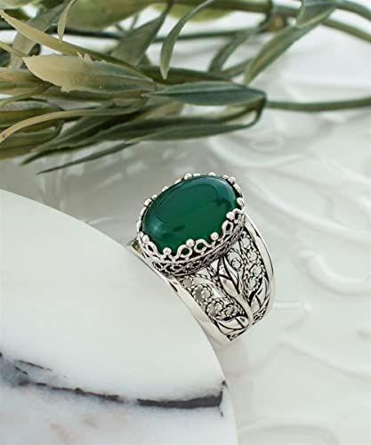 Filigranist 925 Sterling Silver Filigree Art Lace Embroidery Tulip Detailed Gemstone Women Cocktail Ring, Luxurious Gift Boxed - color: Green Agate