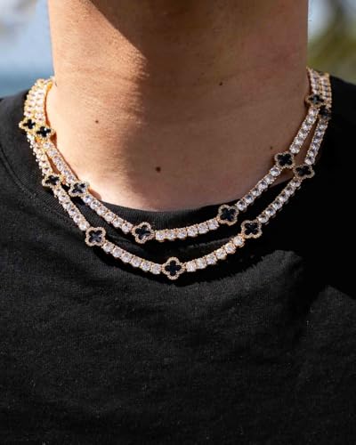 LuxeFlex 4mm Iced Out Four Leaf Tennis Chain,White Gold Plated with 5A Zircon Stones, exquisite Handmade Hip Hop Bling Necklace Perfect Unisex Jewelry Gift - color: Gold, size: 20 INCH