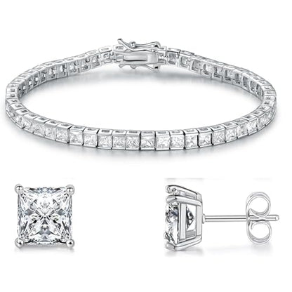 MDFUN 18K White Gold Plated Tennis Bracelet Stud Earrings Jewelry Set for Women and Men - style: 2 Pcs - Bracelet/Earrings