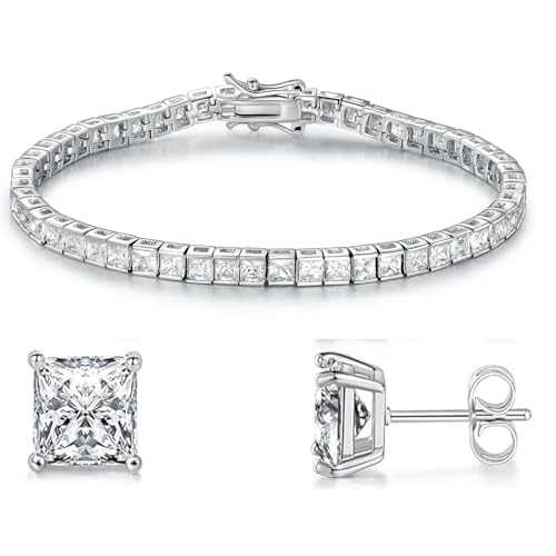MDFUN 18K White Gold Plated Tennis Bracelet Stud Earrings Jewelry Set for Women and Men - style: 2 Pcs - Bracelet/Earrings