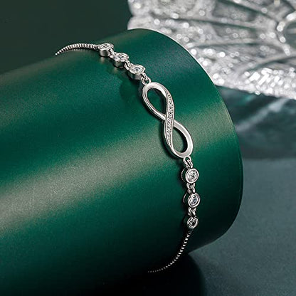 kelistom 925 Sterling Silver Bracelets for Women Teens, Love Heart Charm Chain Bracelet Bangle Fashion Jewelry Gifts - color: infinity zircon