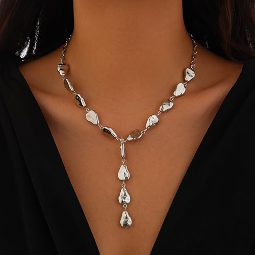Gold Statement Lariat Necklace for Women Long Chunky Silver Y Shaped Necklace Big Baroque Shaped Drop Necklace Trendy Statement Jewelry Gift - color: silver